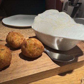 Compartir - Cod fritters with honey foam. Yum!! - Spanish Near Me - Cadaqués, GI