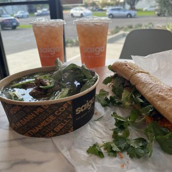 Saiga Vietnamese Eatery - Brisket Pho and Chicken Banh Mi Lemon Guava Green Tea - Vietnamese Near Me - Irvine, California