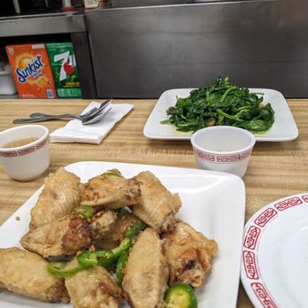 Capital Restaurant - Salt and pepper wings and garlic pea shoots - Chinese Near Me - San Francisco, California