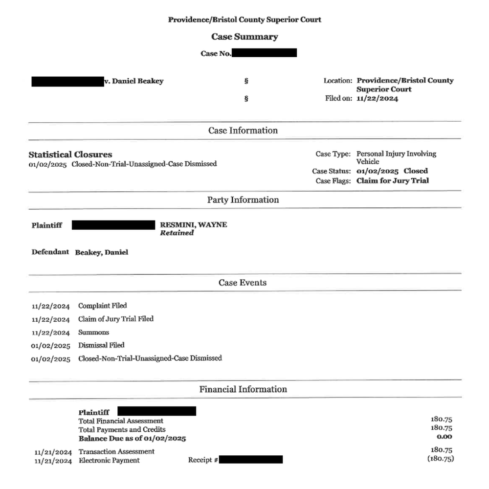 Resmini Law - This was the proof I finally received when he dropped the case, right after realizing he took three years to sue to the wrong person. - Personal Injury Law Near Me - Cranston, Rhode Island Resmini Law - This was the proof I finally received when he dropped the case, right after realizing he took three years to sue to the wrong person. - Personal Injury Law Near Me - Cranston, Rhode Island