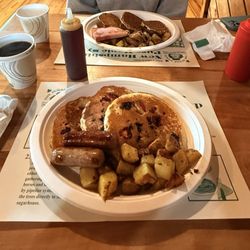 Benton's Sugar Shack - Top: Banana bread French toast with ham Bottom: Very Berry pancakes with sausage