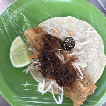 Vallarta Eats - Marismas... fish taco  the onion, jalapeño sauce is bomb.com - Food Tours Near Me - Puerto Vallarta, JAL