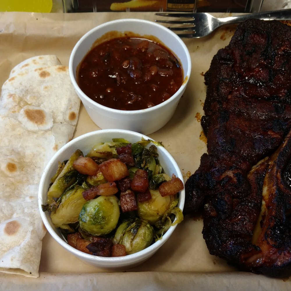 BEAST Craft BBQ - BBQ pork steak, beans and sprouts, outstanding! This pork steak must have been 1¼" thick and so tender you can cut it with a fork! - Barbeque Near Me - Belleville, Illinois BEAST Craft BBQ - BBQ pork steak, beans and sprouts, outstanding! This pork steak must have been 1¼" thick and so tender you can cut it with a fork! - Barbeque Near Me - Belleville, Illinois