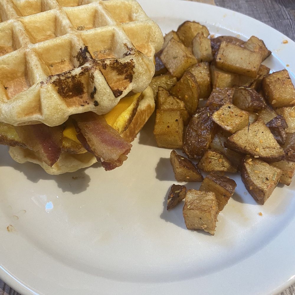 Wake Up And Waffle - Waffle Brunch Sandwich (classic, cheddar, add bacon) and order side of red potato - Breakfast & Brunch Near Me - Sandusky, Ohio Wake Up And Waffle - Waffle Brunch Sandwich (classic, cheddar, add bacon) and order side of red potato - Breakfast & Brunch Near Me - Sandusky, Ohio