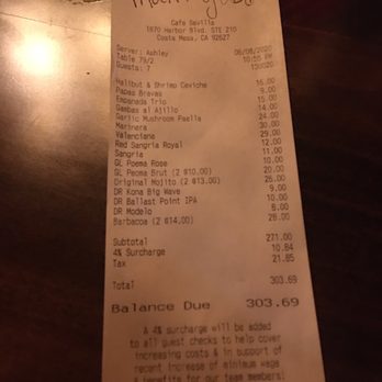 Cafe Sevilla - Here is our bill, all were great - Spanish Near Me - Costa Mesa, California Cafe Sevilla - Here is our bill, all were great - Spanish Near Me - Costa Mesa, California