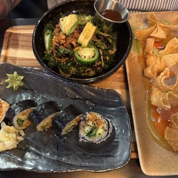 Kai Modern Japanese Kitchen - Lunch Bento Box: Crab Rangoon, Spicy Salmon Roll, Crispy Brussels - Japanese Near Me - Aurora, Illinois
