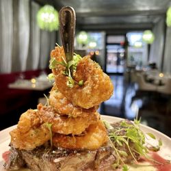 Sophusion Fine Dining - 14 ounce New York strip steak with colossal fried shrimp