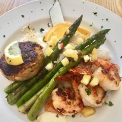 Juniper on Main - Southern coastal plate with low country crab-cake, grilled shrimp with sweet chili sauce, pineapple salsa, and lemon aïoli