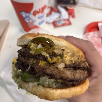 Griff's Hamburgers - Triple meat with jalapeños and grilled onions - Burgers Near Me - San Antonio, Texas