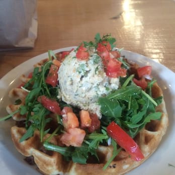 Métier - Savory Belgian waffle with chickpea-tempeh salad, tomatoes and mixed greens. (Sans cheese.) - Cafes Near Me - Seattle, Washington Métier - Savory Belgian waffle with chickpea-tempeh salad, tomatoes and mixed greens. (Sans cheese.) - Cafes Near Me - Seattle, Washington