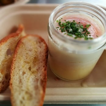 Eggslut - The Slut: coddled egg on top of smooth potato purée, poached in a glass jar, topped w/gray salt & chives, served with slices of baguette. $9 - Breakfast & Brunch Near Me - Los Angeles, California