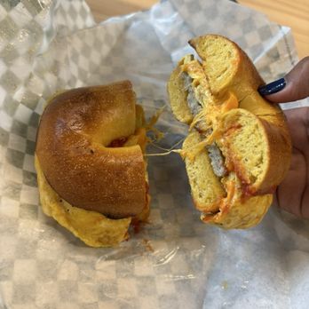 Leon's Bagels - Sausage Egg and Cheese Sandwich - Bagels Near Me - New York, New York Leon's Bagels - Sausage Egg and Cheese Sandwich - Bagels Near Me - New York, New York