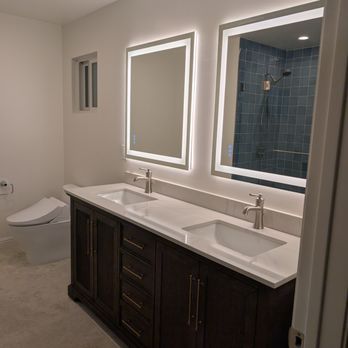 Gatica's Construction - Master bathroom with LED mirrors and vanity, faucets, Toto washlet bidet, square antigo shower tiles - General Contractors Near Me - East Palo Alto, California Gatica's Construction - Master bathroom with LED mirrors and vanity, faucets, Toto washlet bidet, square antigo shower tiles - General Contractors Near Me - East Palo Alto, California