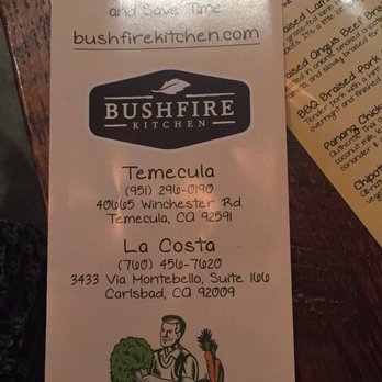 Bushfire Kitchen - Temecula - Front cover of menu - Gluten-Free Near Me - Temecula, California Bushfire Kitchen - Temecula - Front cover of menu - Gluten-Free Near Me - Temecula, California