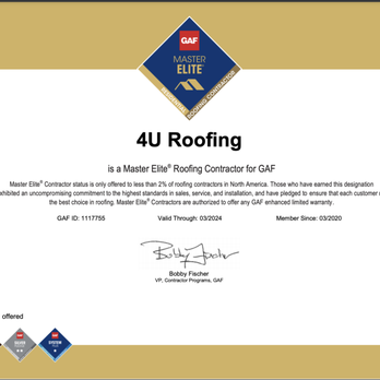 4U Roofing - 4U Roofing has achieved the exclusive status of Master Elite Weather Stopper Roofing Contractor for GAF. Only 2% of the roofing contractors - Roofing Near Me - Fairhope, Alabama 4U Roofing - 4U Roofing has achieved the exclusive status of Master Elite Weather Stopper Roofing Contractor for GAF. Only 2% of the roofing contractors - Roofing Near Me - Fairhope, Alabama