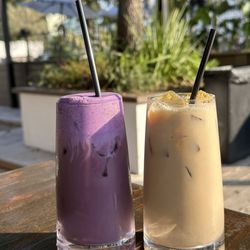 Ube cloud latte and pistachio cream latte, iced!