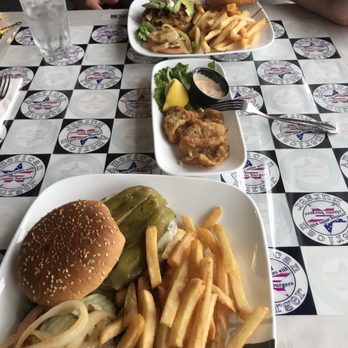 American Burger - Bacon avocado burger (top), calamari (middle), and Ortega (bottom) - Burgers Near Me - Monterey, California American Burger - Bacon avocado burger (top), calamari (middle), and Ortega (bottom) - Burgers Near Me - Monterey, California