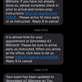 SimonMed Imaging - Biltmore - Original texts confirming my 10:30am appt and then I received a text at 1:38pm telling me my appt had been moved to 11:00am. - Diagnostic Imaging Near Me - Phoenix, Arizona