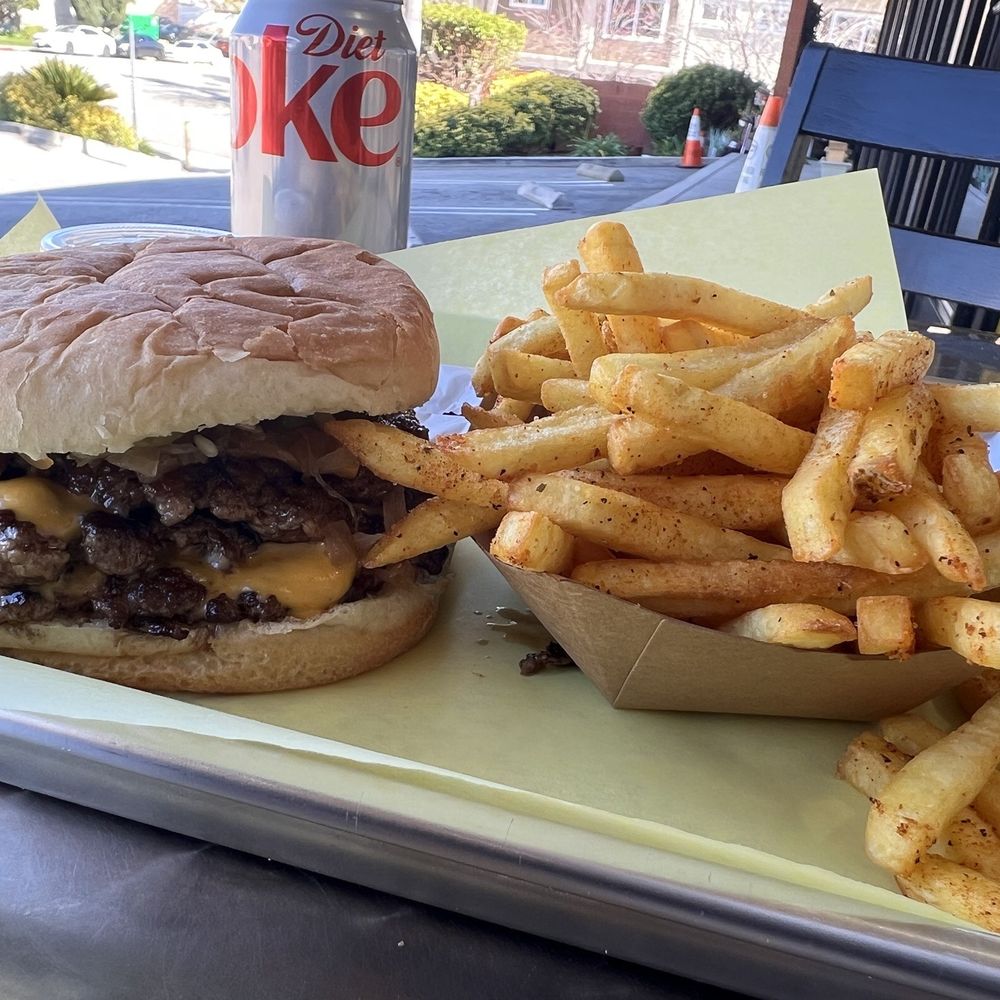 Curbgrill - 3x patty grilled onions and pickles cheese burger with fries and coke - Breakfast & Brunch Near Me - Montrose , California Curbgrill - 3x patty grilled onions and pickles cheese burger with fries and coke - Breakfast & Brunch Near Me - Montrose , California