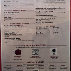 Cedar Lounge Earth Rider Brewery taproom - Menu