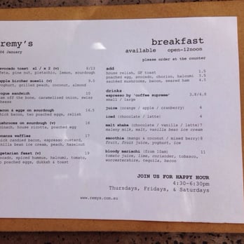 Remy's - Breakfast menu - 06/01 - Restaurants Near Me - Paddington, QLD