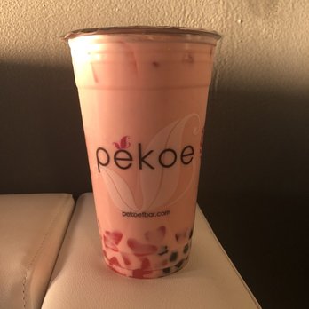 Pekoe - Pretty in pink - jasmine green tea infused with strawberries with boba and pink hearts - Coffee & Tea Near Me - San Jose, California