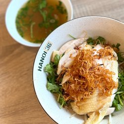 Mien ga tron (Northern style dried chewy arrowroot glass noodles with chicken white meat in a citrus soy sauce dressing)