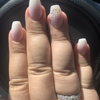 Jennie's Nails - Full set pink and white nails with glitter. - Nail Salons Near Me - San Bruno, California