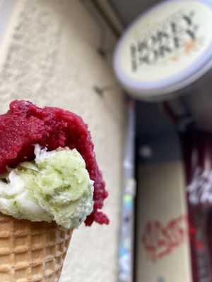 Photo of Eispatisserie Hokey Pokey - Berlin, BE, DE. Very Cherry and Apple-Basil-Vanilla ice cream cone