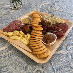 Charcuterie tray with two meats, two cheeses, mustard, onion jam, grapes and almonds. Wood tray and knives, so green too! Charcuterie tray with two meats, two cheeses, mustard, onion jam, grapes and almonds. Wood tray and knives, so green too!