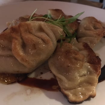 Fete - foie. gras. gyoza. made with maitake, water chestnut duxelle on top of Maui poha berry jam and a soy-balsamic chili reduction. yum!!! - New American Near Me - Honolulu, Hawaii Fete - foie. gras. gyoza. made with maitake, water chestnut duxelle on top of Maui poha berry jam and a soy-balsamic chili reduction. yum!!! - New American Near Me - Honolulu, Hawaii