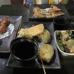 Wild Ginger III - Partially nommed chicken satay, scallion pancake, salad, and veggie tempura