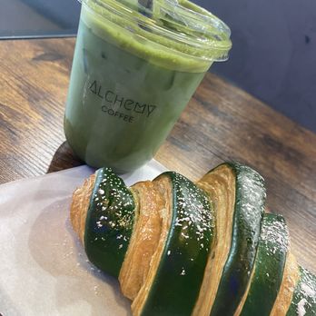 Alchemy Coffee - Earth Matcha with almond milk and pistachio croissant. - Coffee & Tea Near Me - Las Vegas, Nevada