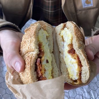 Donut Castle - Bacon, Egg & Cheese Bagel on sesame bagel - Donuts Near Me - Warren, Michigan