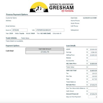 Gresham Toyota - Written quote I received for the car that was supposedly in the photos they sent me. - Tires Near Me - Gresham, Oregon