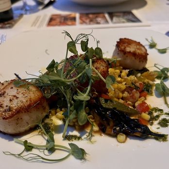 Canoe - George's Bank Scallops, Crawfish, Shishito Peppers, Okra, Sauce Vierge - New American Near Me - Atlanta, Georgia