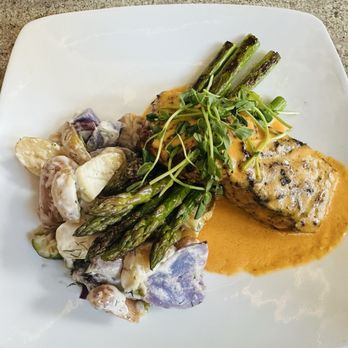 Sicilian Table - Salmon with purple potato salad and asparagus - Mediterranean Near Me - Falmouth, Maine Sicilian Table - Salmon with purple potato salad and asparagus - Mediterranean Near Me - Falmouth, Maine