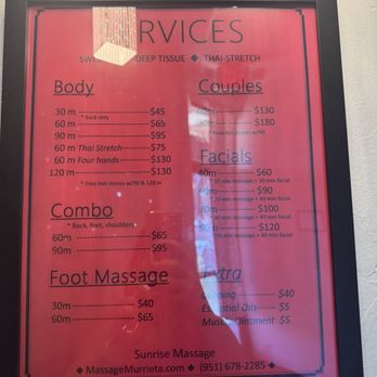 Sunrise Massage - Pricing as of 8/26/25 - Massage Therapy Near Me - Wildomar, California