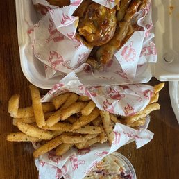 Mango Habanero/Sweet Thai Drumsticks with Garlic Parmesan Fries and Creamy Coleslaw