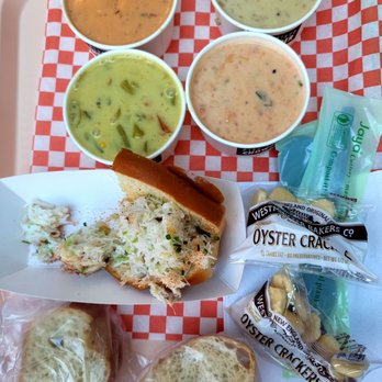 Pike Place Chowder - Soup sampler - Seafood Bisque, Smoked Salmon Chowder Lime & Coconut Chowder, New England Clam Chowder. Crab Sandwich - Seafood Near Me - Seattle, Washington Pike Place Chowder - Soup sampler - Seafood Bisque, Smoked Salmon Chowder Lime & Coconut Chowder, New England Clam Chowder. Crab Sandwich - Seafood Near Me - Seattle, Washington