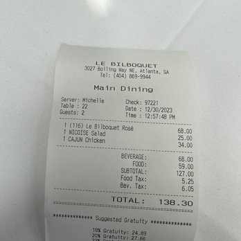 Le Bilboquet - Bill for 2-Amazing Quality - French Near Me - Atlanta, Georgia Le Bilboquet - Bill for 2-Amazing Quality - French Near Me - Atlanta, Georgia
