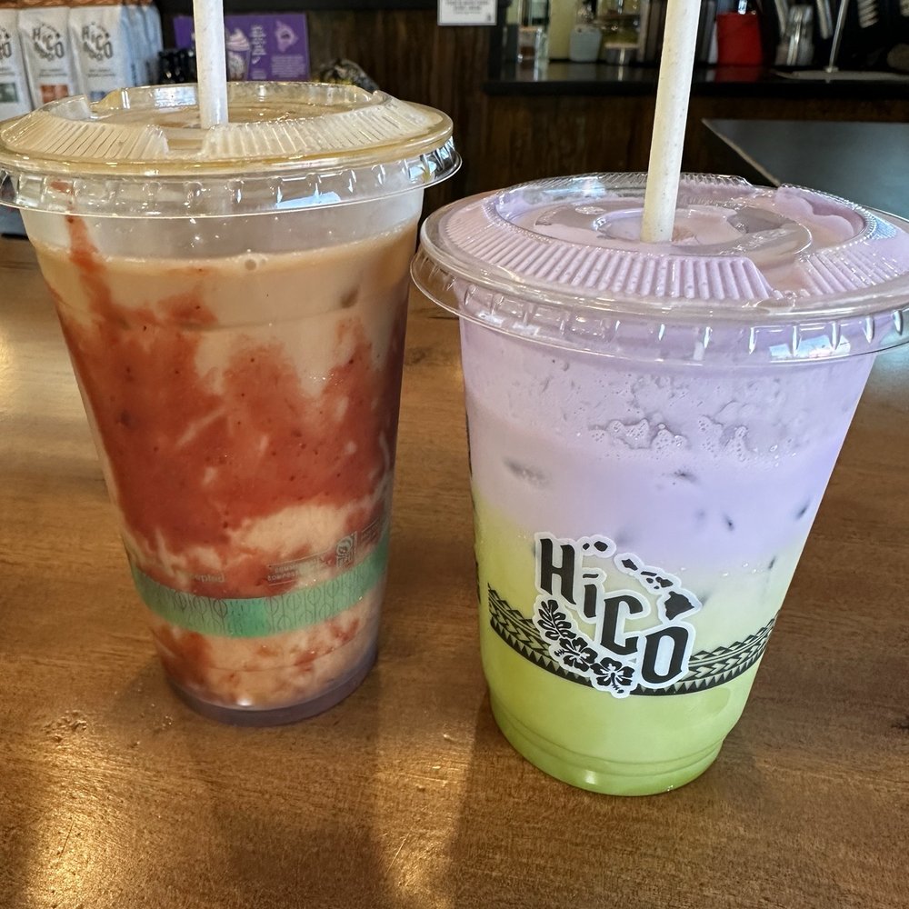 HiCO - Lily special (right) and Ube latte with strawberry puree (left) - Coffee & Tea Near Me - Kealakekua, Hawaii HiCO - Lily special (right) and Ube latte with strawberry puree (left) - Coffee & Tea Near Me - Kealakekua, Hawaii
