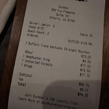 Eureka! - $17.50 for a Buffalo Trace sour... what a joke.  My headhunter had probably twice as much alcohol, and it was cheaper. - Burgers Near Me - Ontario, California