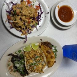 Carlito’s Place - Top: shrimp taco (yes it's huge, yes it's so good) Bottom left to right: steak, Mexican breakfast, quesabirria) Top right: salsa