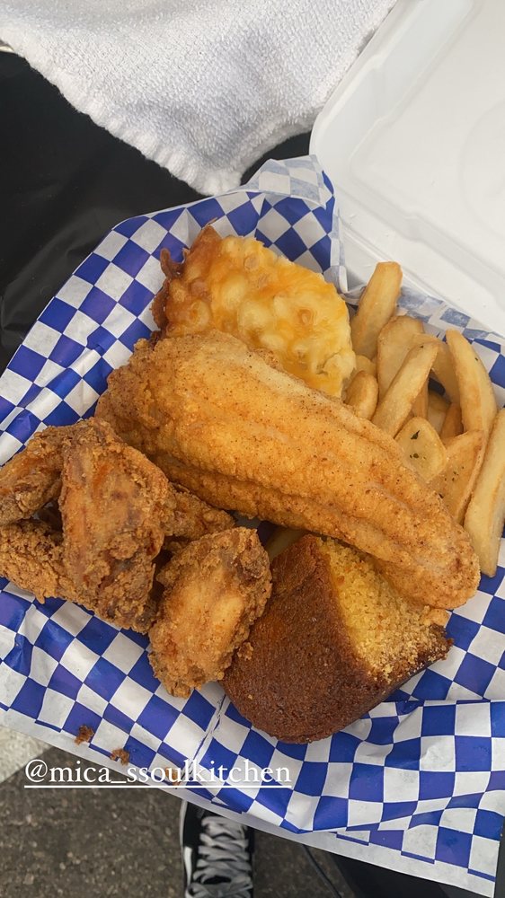 Fried chicken, catfish, Mac n cheese, cornbread and fries Yelp