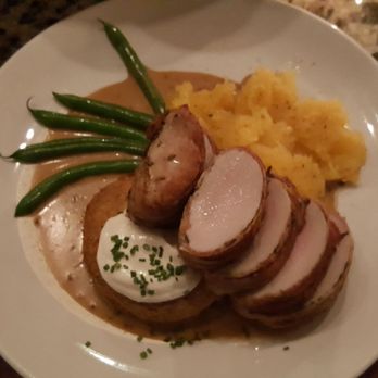 Watershed Cafe - Bacon wrapped pork tenderloin, potato croquette, sour cream, organic squash with sherry grain mustard ivory - New American Near Me - Leavenworth, Washington Watershed Cafe - Bacon wrapped pork tenderloin, potato croquette, sour cream, organic squash with sherry grain mustard ivory - New American Near Me - Leavenworth, Washington