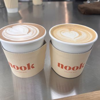 Nook coffee bar - Mocha latte on the left Honey oatmilk latte on the right - Coffee & Tea Near Me - Rancho Cucamonga, California Nook coffee bar - Mocha latte on the left Honey oatmilk latte on the right - Coffee & Tea Near Me - Rancho Cucamonga, California