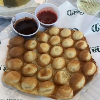 Cha Cold Cafe - Bubble waffle with strawberry puree and chocolate syrup - Coffee & Tea Near Me - Arden, North Carolina