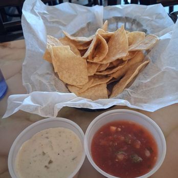 El Charro Mexican Grill - El Charro's chips and two salsas. Red was a bit weak and typical Old El Paso stuff. White was better. - Food Trucks Near Me - Las Cruces, New Mexico