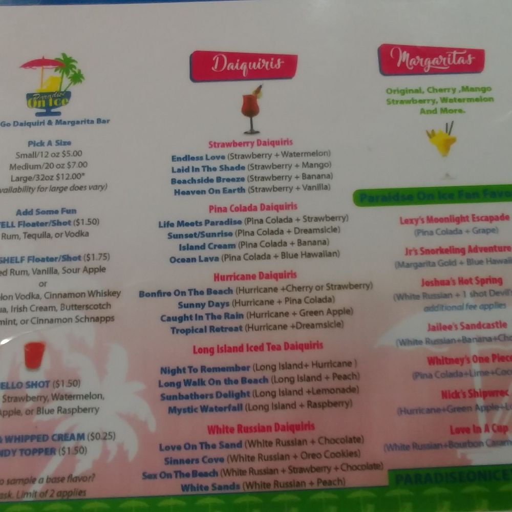 Paradise On Ice Daiquiris  - Menu 5.27 - Cocktail Bars Near Me - Pflugerville, Texas